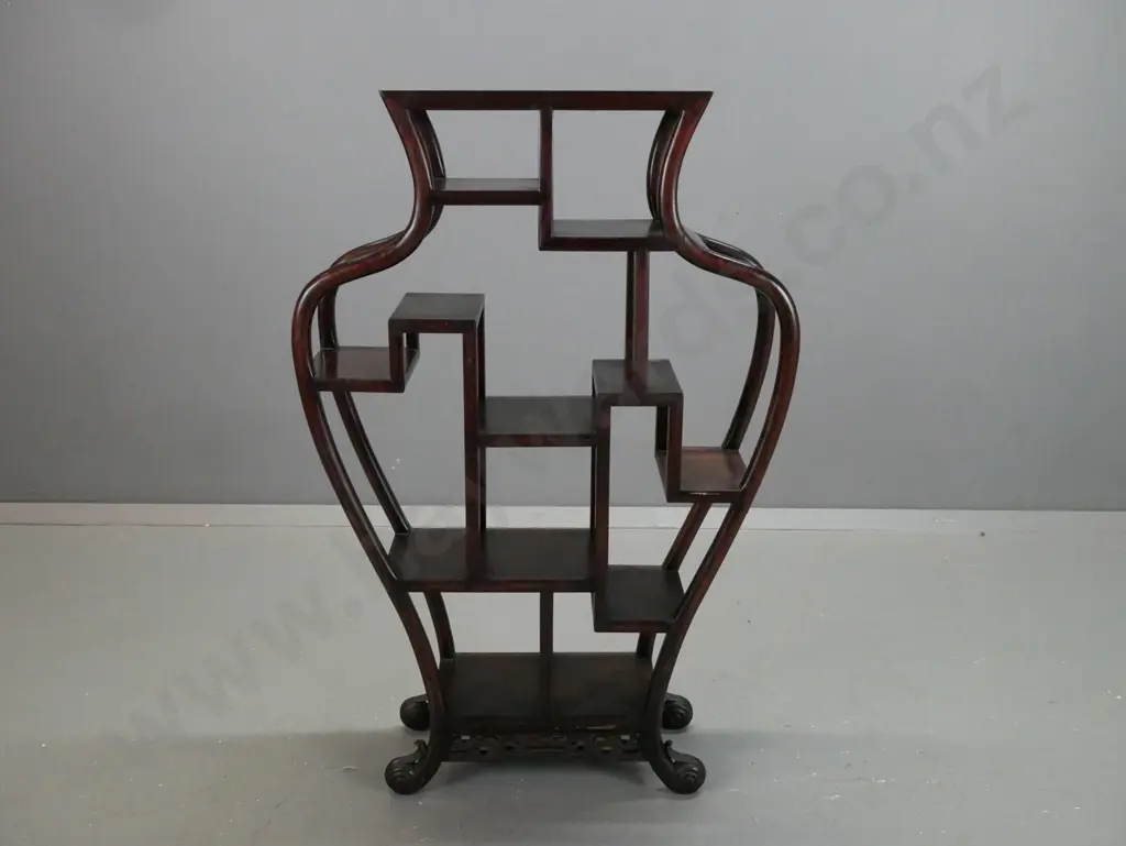 Chinese hardwood vase-shaped display stand with shaped sides, swirling foliate feet, pierced frieze at bottom - minor Image 1++