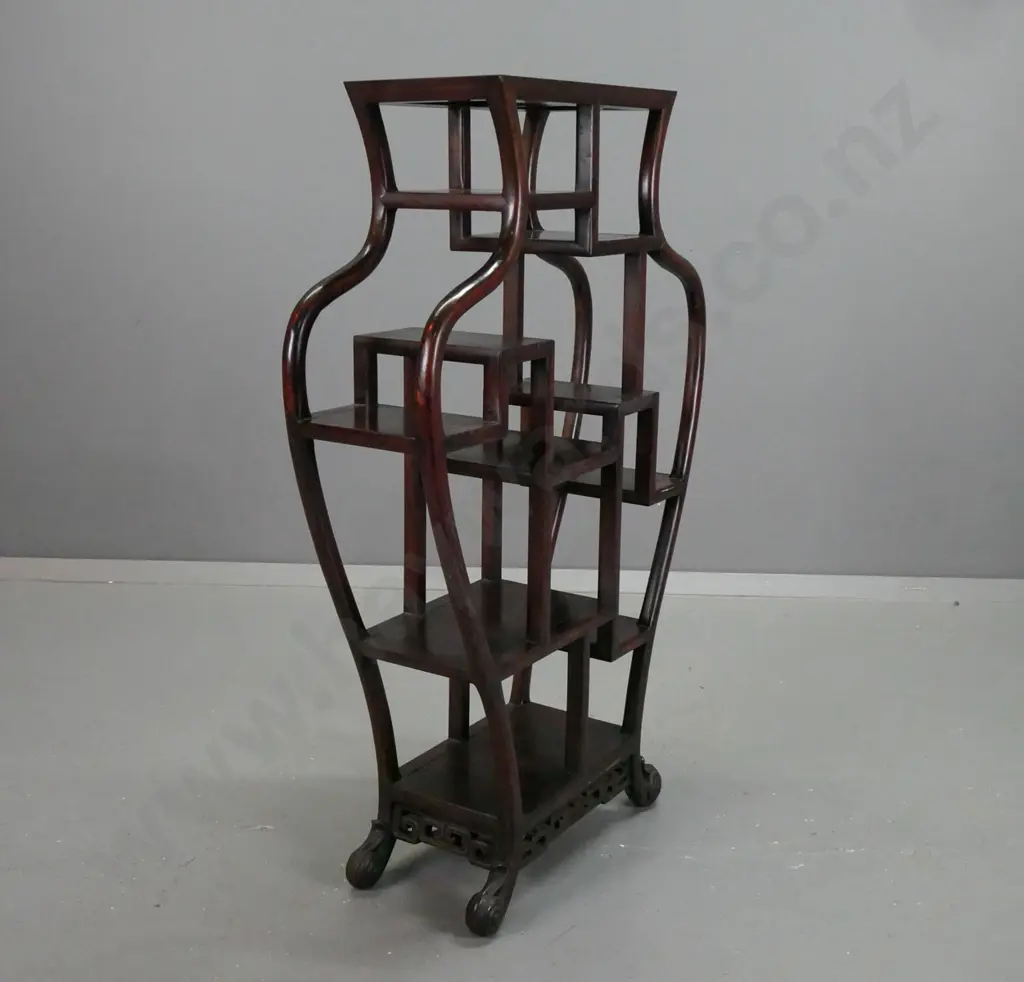 Chinese hardwood vase-shaped display stand with shaped sides, swirling foliate feet, pierced frieze at bottom - minor Image 1++