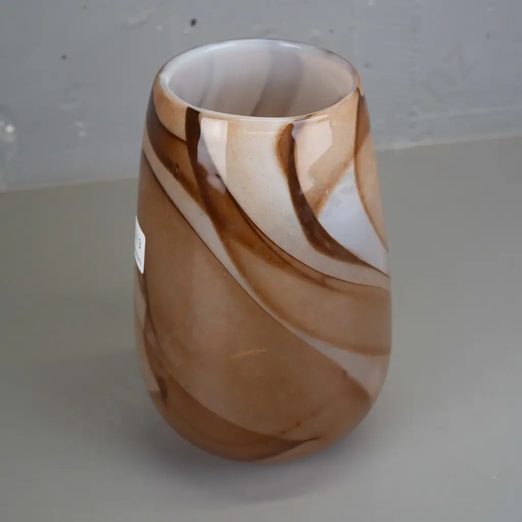 art glass vase - clear over white and speckled brown swirls H240 Image 1++
