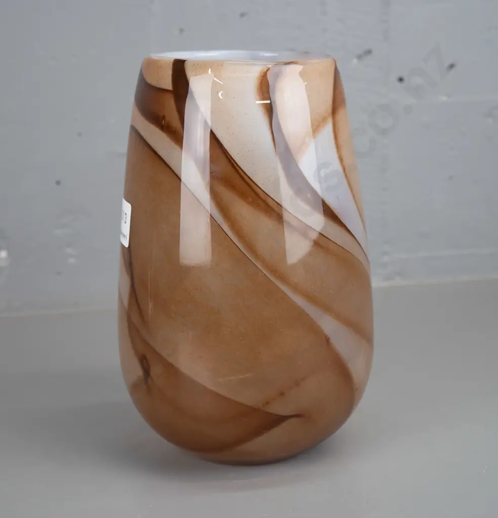 art glass vase - clear over white and speckled brown swirls H240 Image 1++