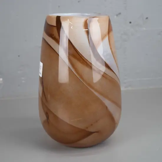 art glass vase - clear over white and speckled brown swirls H240