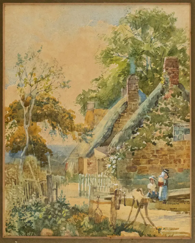 gilt framed vintage watercolour - village scene H210 W180 Image 1++