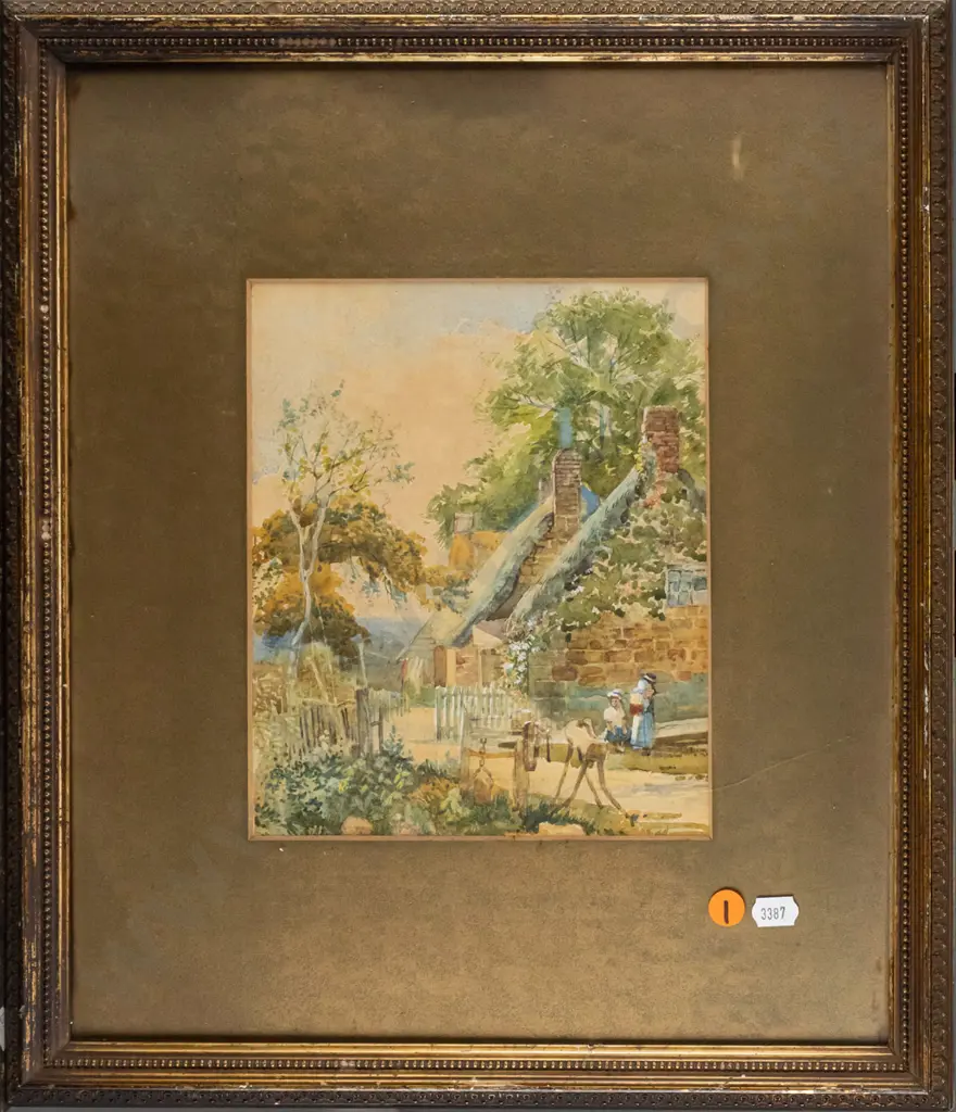 gilt framed vintage watercolour - village scene H210 W180 Image 1++