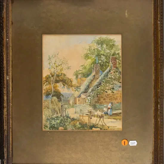 gilt framed vintage watercolour - village scene H210 W180