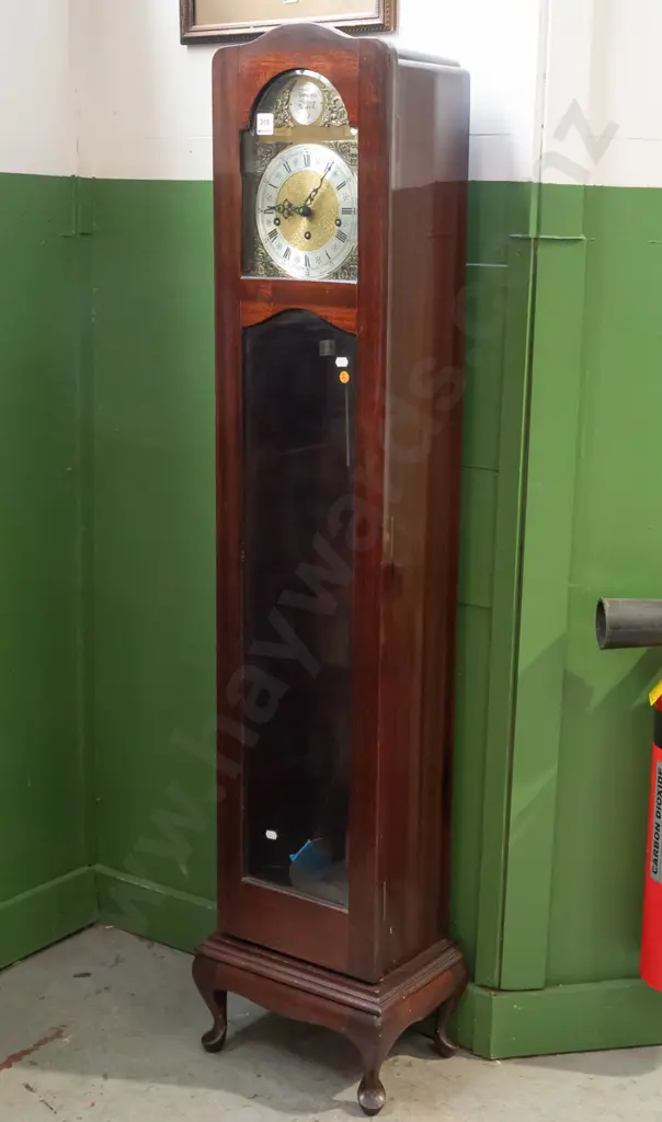 reproduction mahogany free-standing clock w/ glazed bevel-edged arched-top door brass arch-top face silver band Image 1++