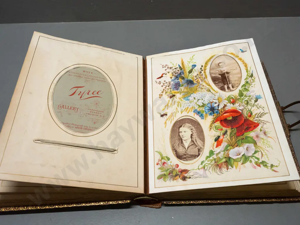 antique embossed leather photo album with brass fittings - New Zealand portrait contents, many from Tyree studio Nelson, Image 1++