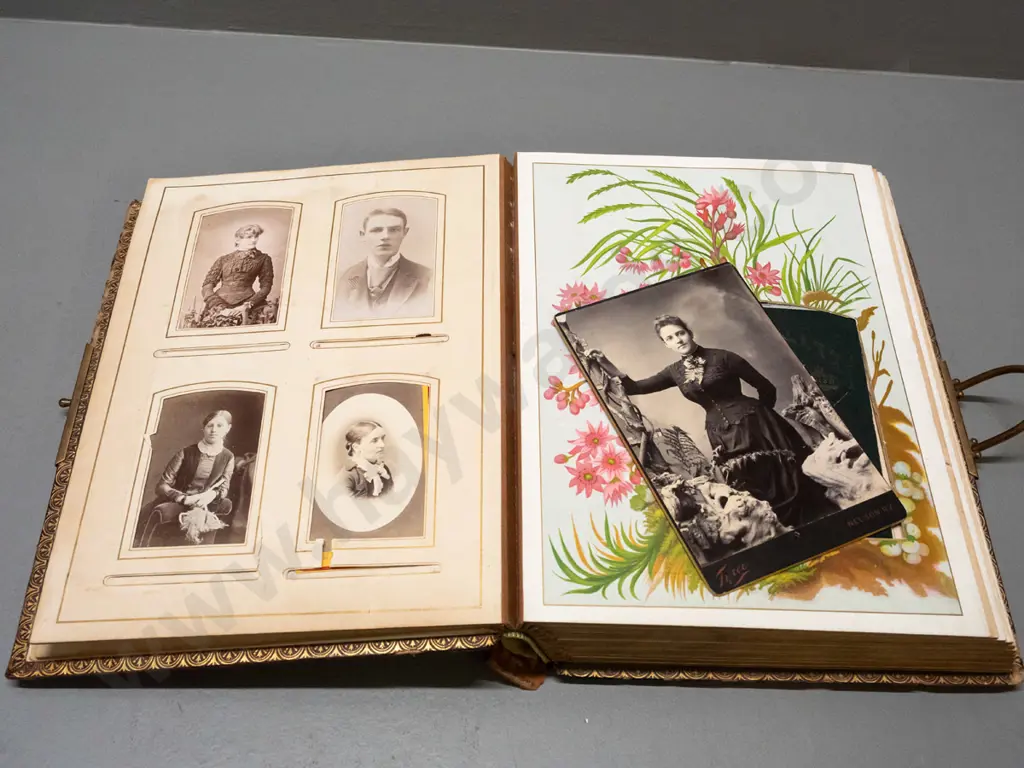 antique embossed leather photo album with brass fittings - New Zealand portrait contents, many from Tyree studio Nelson, Image 1++