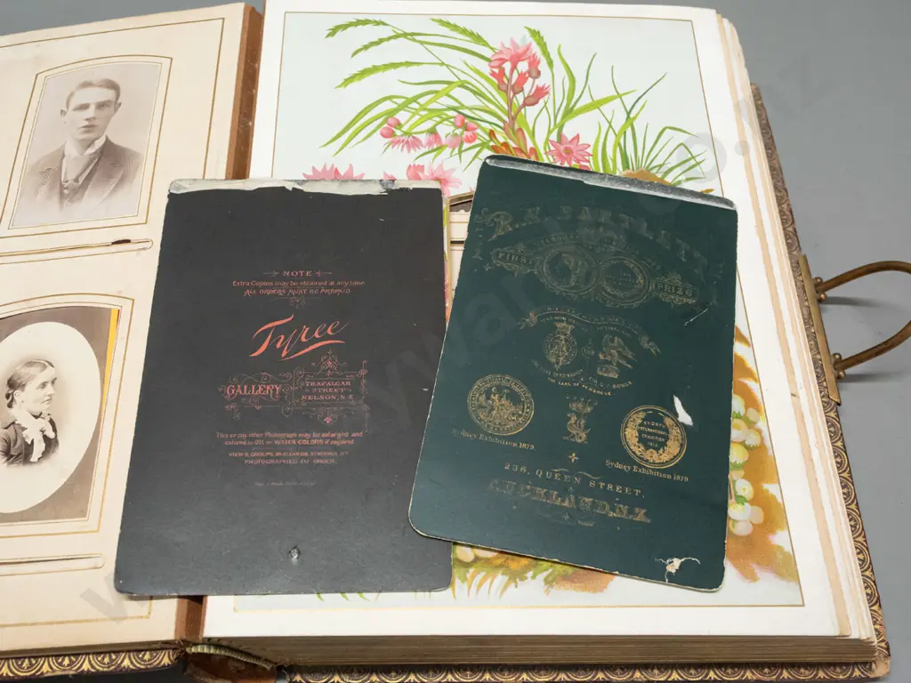 antique embossed leather photo album with brass fittings - New Zealand portrait contents, many from Tyree studio Nelson, Image 1++