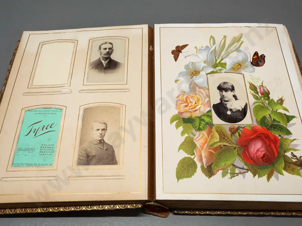antique embossed leather photo album with brass fittings - New Zealand portrait contents, many from Tyree studio Nelson, Image 1++