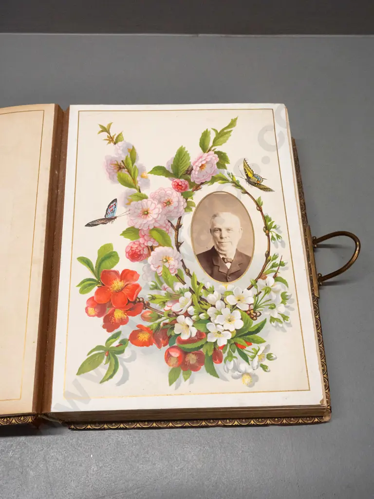 antique embossed leather photo album with brass fittings - New Zealand portrait contents, many from Tyree studio Nelson, Image 1++