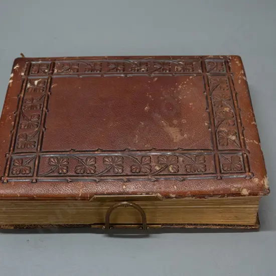 antique embossed leather photo album with brass fittings - New Zealand portrait contents, many from Tyree studio Nelson,