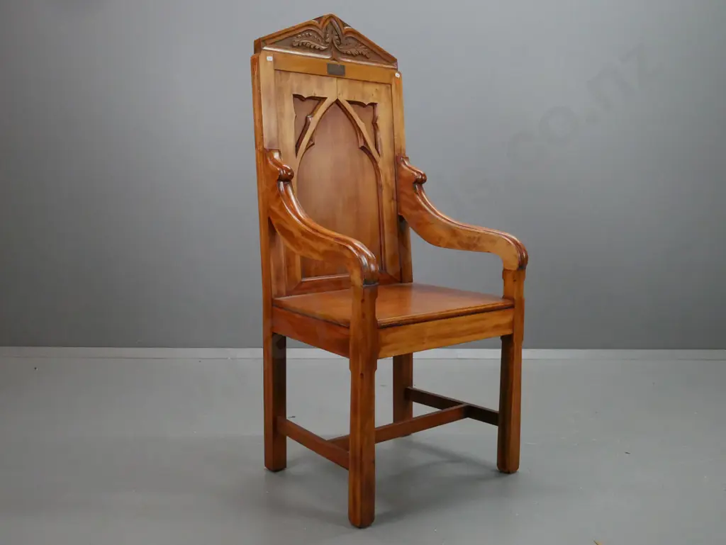 vintage beech & rimu ecclesiastical gothic style open-armed chair with panelled tracery back, carved top crest, Image 1++