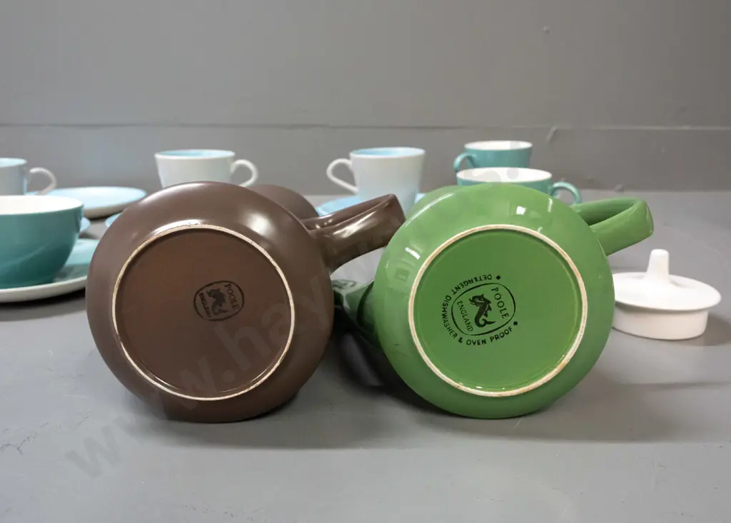 Poole coffee ware in various colours - two coffee pots, 4 trios, cup, bowl and 2 plates. One coffee pot is missing lid. Image 1++