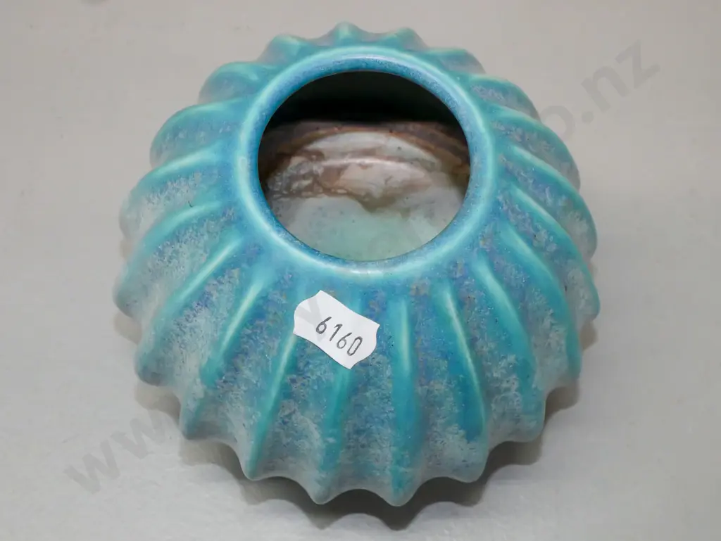 2x ceramics: squat sphere vase, Danny Moorwood, shino glaze. Ribbed/fluted vase, indecipherable mark, turquoise glaze. Image 1++