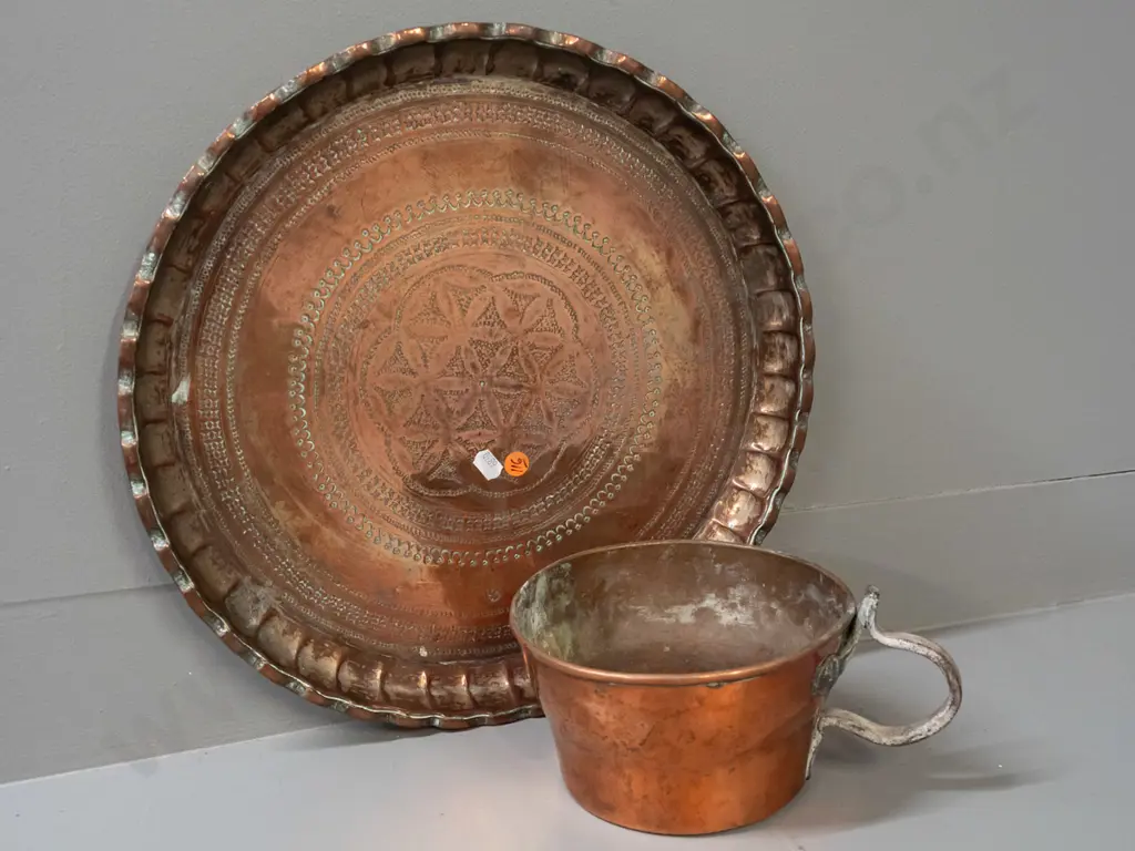 vintage copper vessel with cast metal handle and a coppered metal tray with incised decoration, wall hanging loop on Image 1++