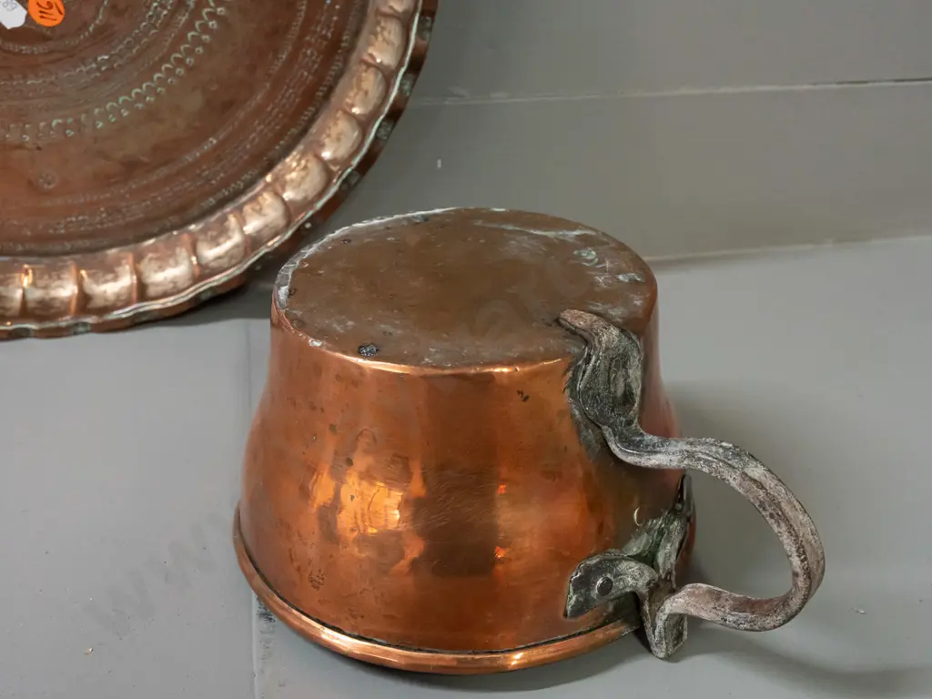 vintage copper vessel with cast metal handle and a coppered metal tray with incised decoration, wall hanging loop on Image 1++