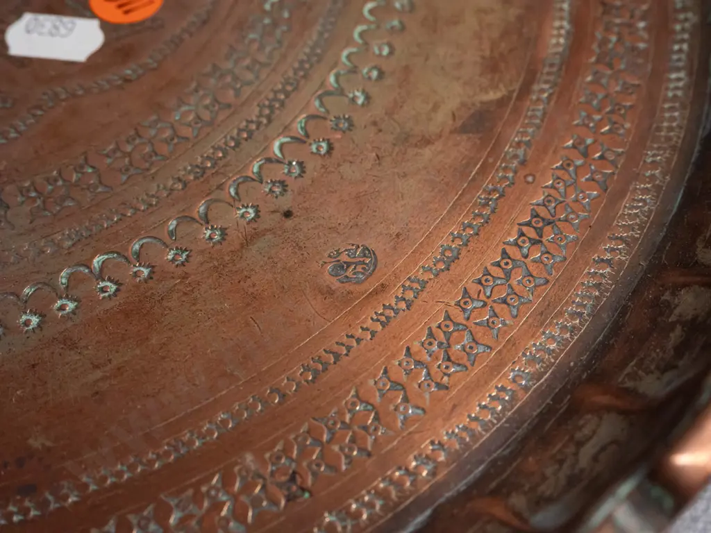 vintage copper vessel with cast metal handle and a coppered metal tray with incised decoration, wall hanging loop on Image 1++