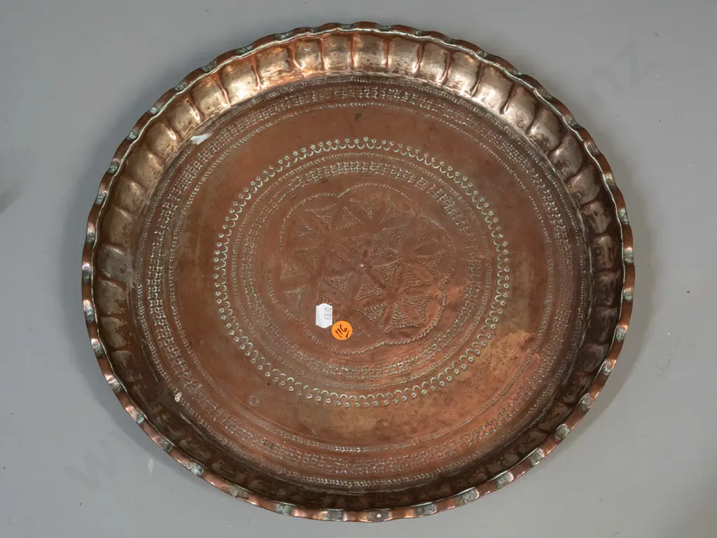 vintage copper vessel with cast metal handle and a coppered metal tray with incised decoration, wall hanging loop on Image 1++