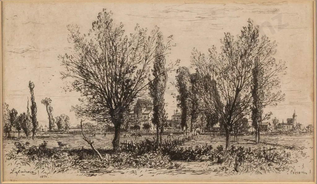 framed vintage etching - country landscape and village scene H140 W230 Image 1++