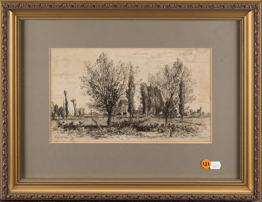 framed vintage etching - country landscape and village scene H140 W230 Image 1++