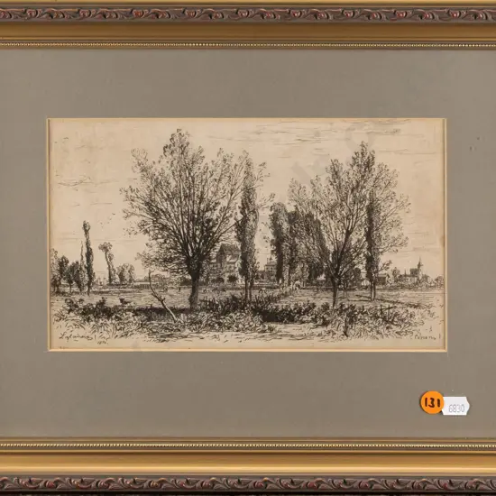 framed vintage etching - country landscape and village scene H140 W230