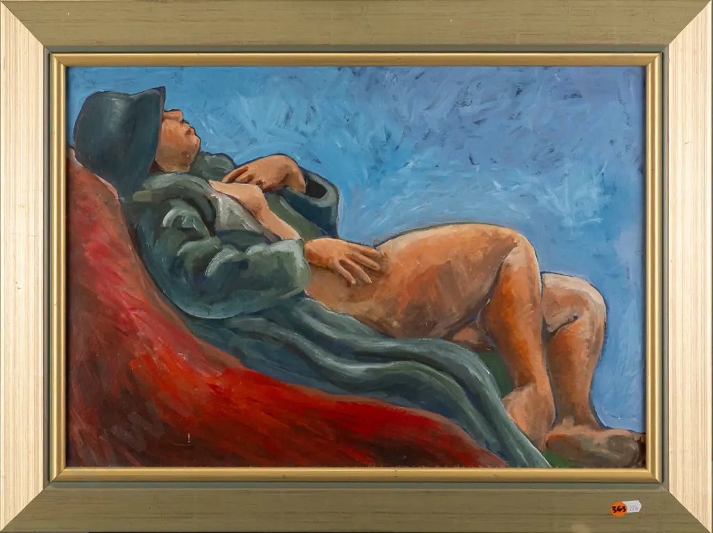 J.K. (Janet) Weir 2000 - acrylic on paper laid on board, reclining woman H-335 W-485 Image 1++