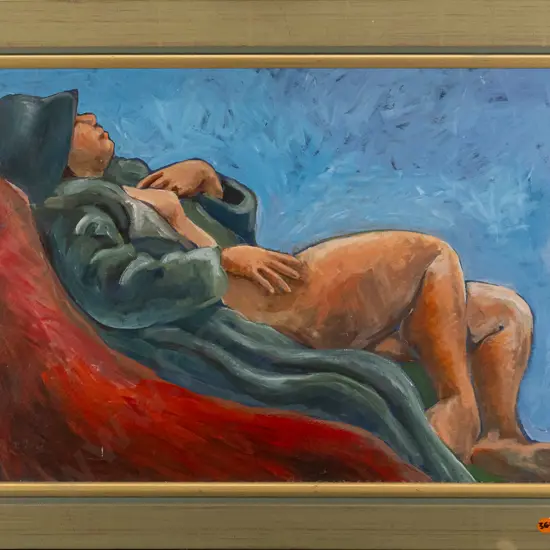 J.K. (Janet) Weir 2000 - acrylic on paper laid on board, reclining woman H-335 W-485