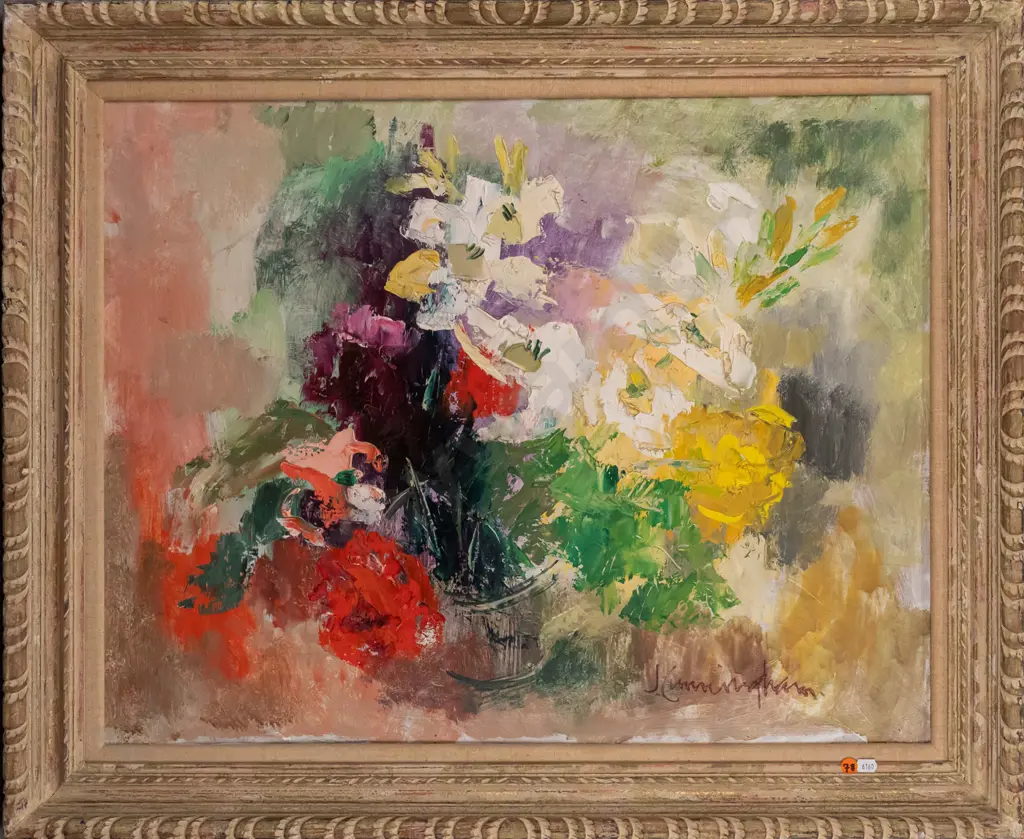 J Cunningham -- ornately framed oil on hardboard, floral still life, H-550 W-700 Image 1++