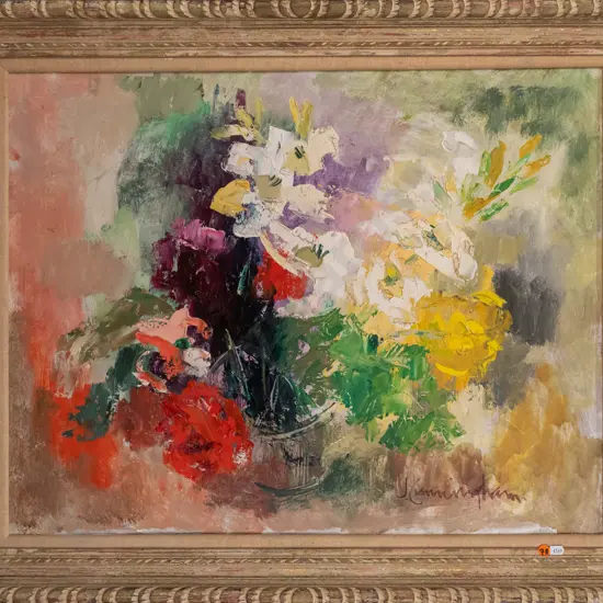 J Cunningham -- ornately framed oil on hardboard, floral still life, H-550 W-700