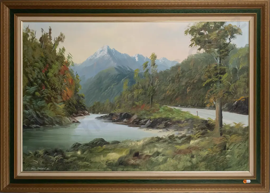 Don Parlane 1985 -- framed oil on canvasboard "Road to Okarito" H-600 W-905 Image 1++