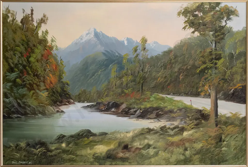 Don Parlane 1985 -- framed oil on canvasboard "Road to Okarito" H-600 W-905 Image 1++