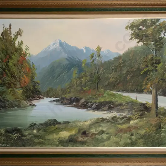 Don Parlane 1985 -- framed oil on canvasboard "Road to Okarito" H-600 W-905