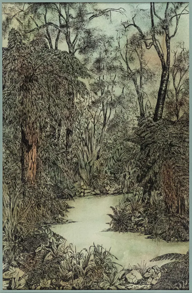 Margaret O'Connor -- framed pen & ink and wash on paper, bush scene H-340 W-220 Image 1++