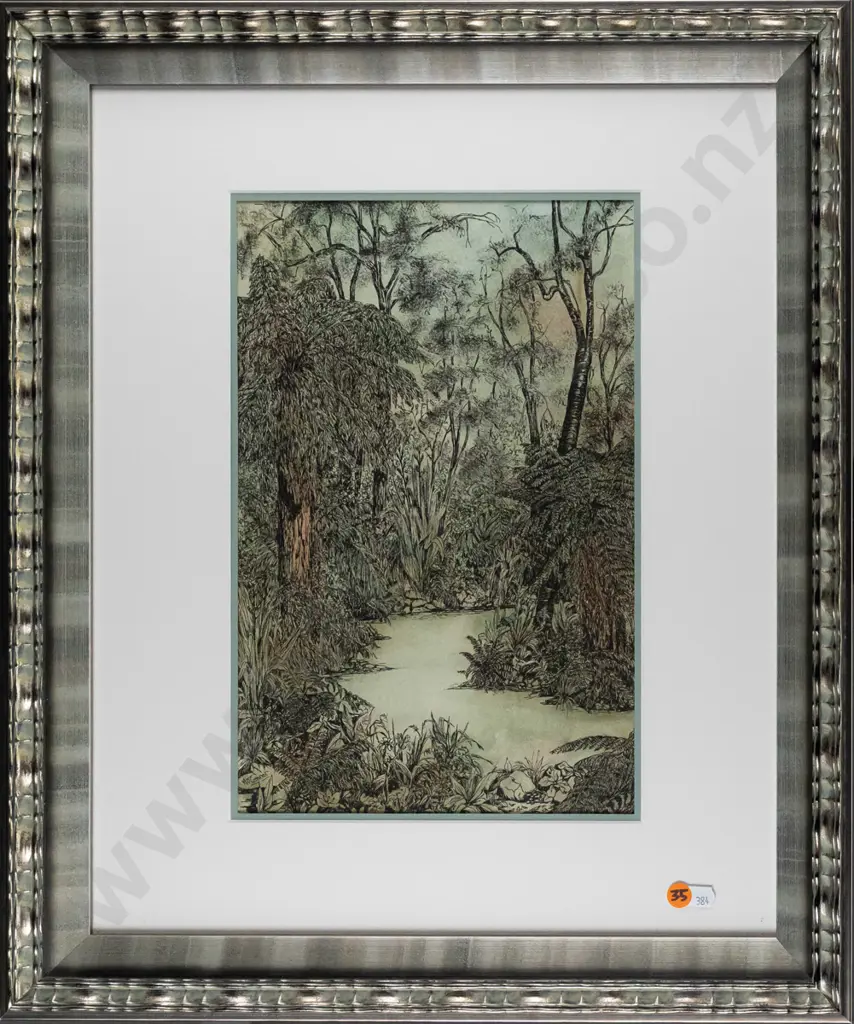 Margaret O'Connor -- framed pen & ink and wash on paper, bush scene H-340 W-220 Image 1++
