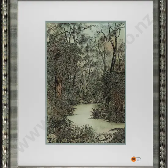 Margaret O'Connor -- framed pen & ink and wash on paper, bush scene H-340 W-220