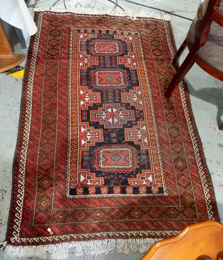 woollen Persian style geometric floor mat with tassels - red, blue, cream L1700 W1100 Image 1++