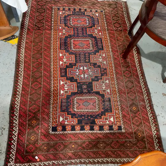 woollen Persian style geometric floor mat with tassels - red, blue, cream L1700 W1100