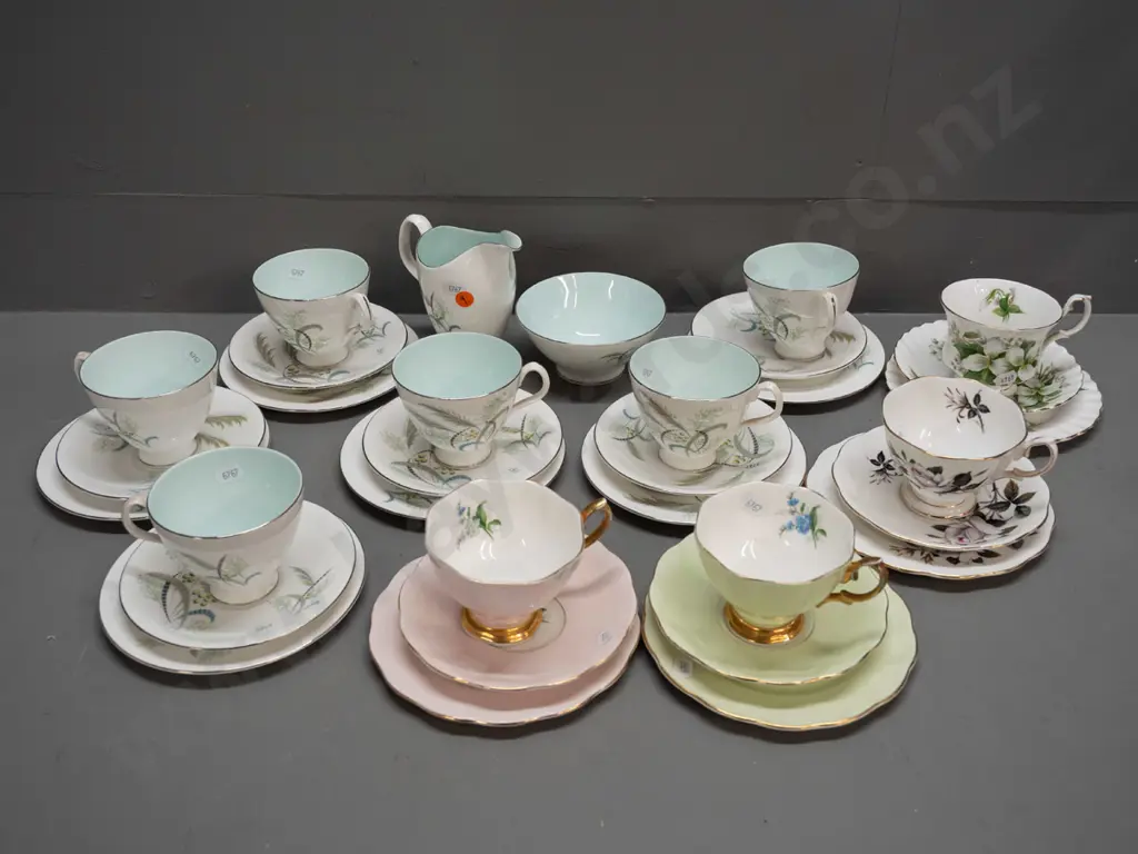 Royal Albert teaware: 6x 'Festival'-pattern trios; 'Trillium' & 'Queen's Messenger' trios & 2 others. [minor frets to Image 1++