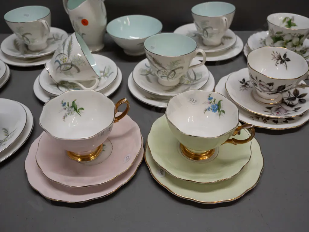 Royal Albert teaware: 6x 'Festival'-pattern trios; 'Trillium' & 'Queen's Messenger' trios & 2 others. [minor frets to Image 1++