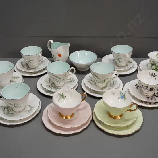 Royal Albert teaware: 6x 'Festival'-pattern trios; 'Trillium' & 'Queen's Messenger' trios & 2 others. [minor frets to
