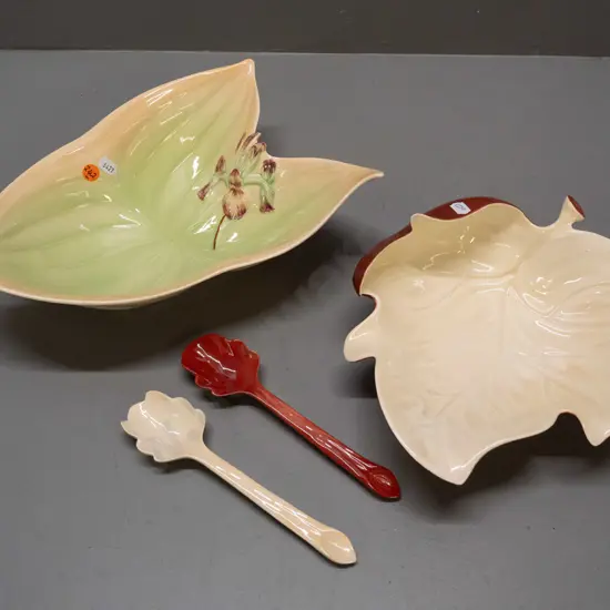 Shorter & Son foliate shape bowl with raised iris pattern and a Carlton Ware leaf-shape salad bowl w/ servers, marked