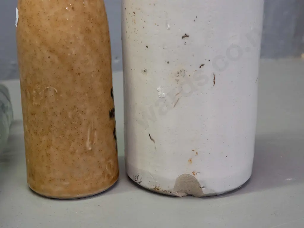3 vintage bottles - Buckham Queenstown ginger ale marble bottle with part label, Meek's Inks Dunedin stoneware (chip in Image 1++