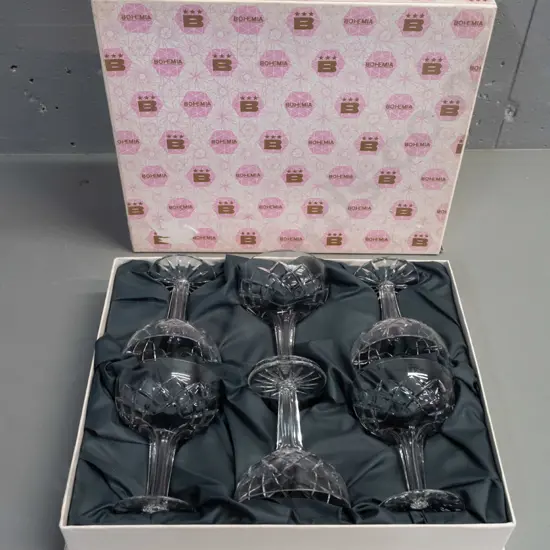 set of 6 Bohemia crystal hollow-stem champagne floats in fitted fabric lined box - H-115 D-90