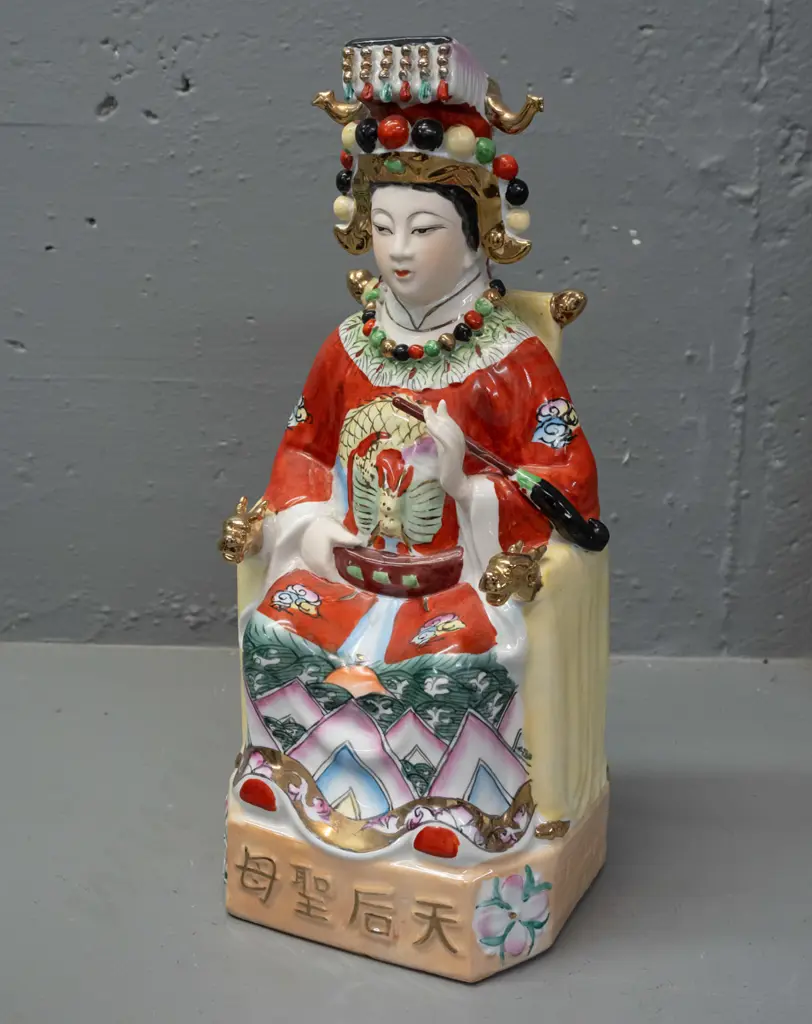Chinese seated figure - hand painted porcelain with gilded highlights and script across base, no maker's marks H-340 Image 1++