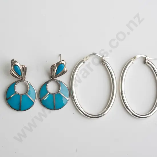 pair of silver hoop earrings stamped 925 & pair of blue/silver earrings stamped 925 on butterfly