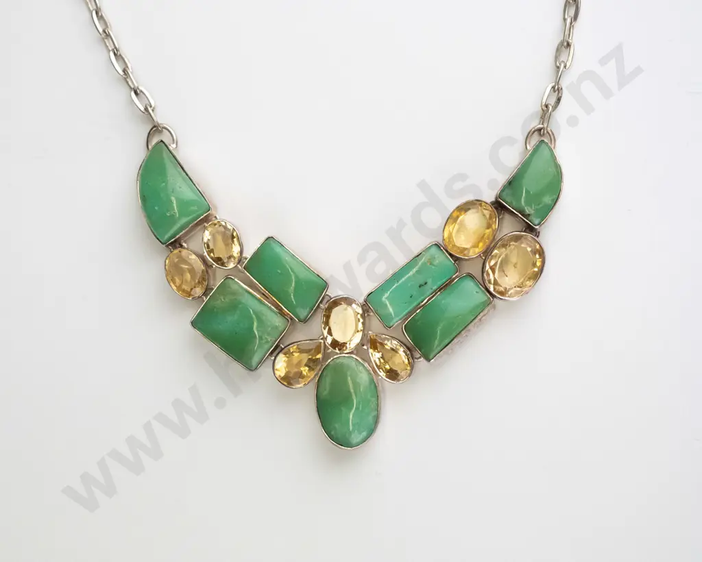 sterling silver citrine & gaspeite necklace stamped 925 -  57g Image 1++
