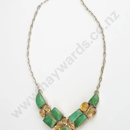 sterling silver citrine & gaspeite necklace stamped 925 -  57g