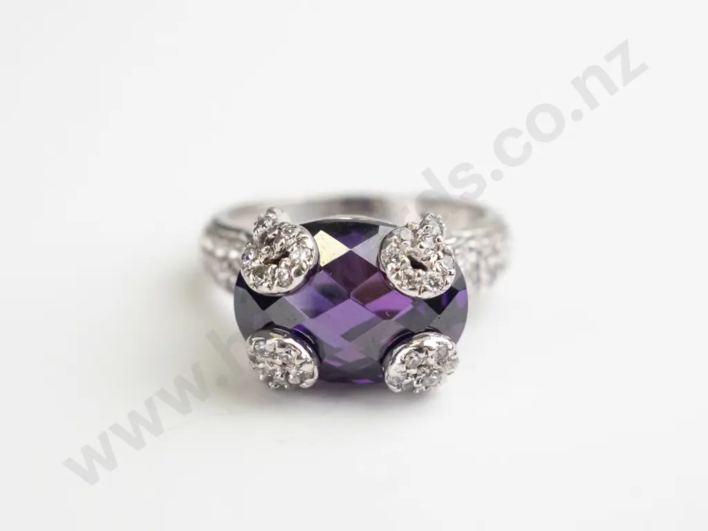 sterling silver cz & purple stone ring stamped 925 Image 1++