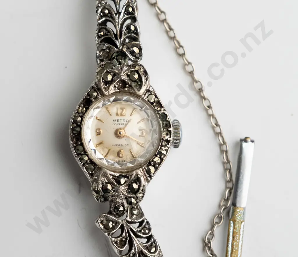 marcasite watch with safety chain Image 1++