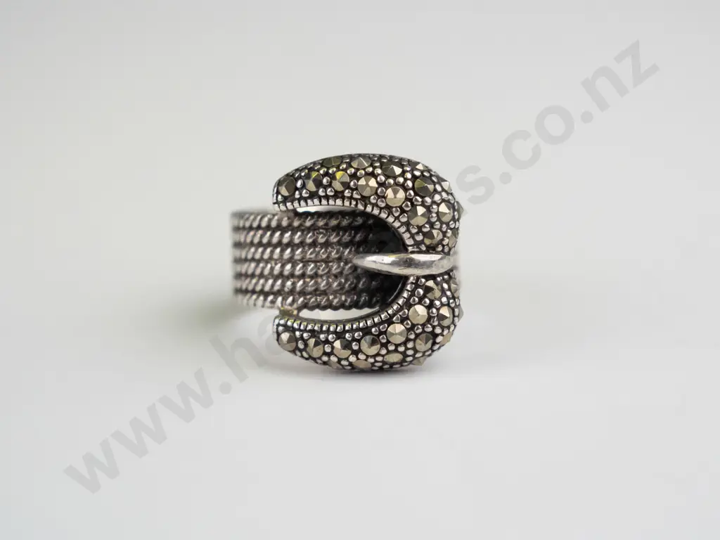 large sterling silver marcasite buckle ring no mark Image 1++